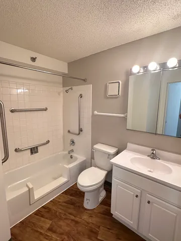 a bathroom with a toilet a sink a mirror a bathtub and vanity