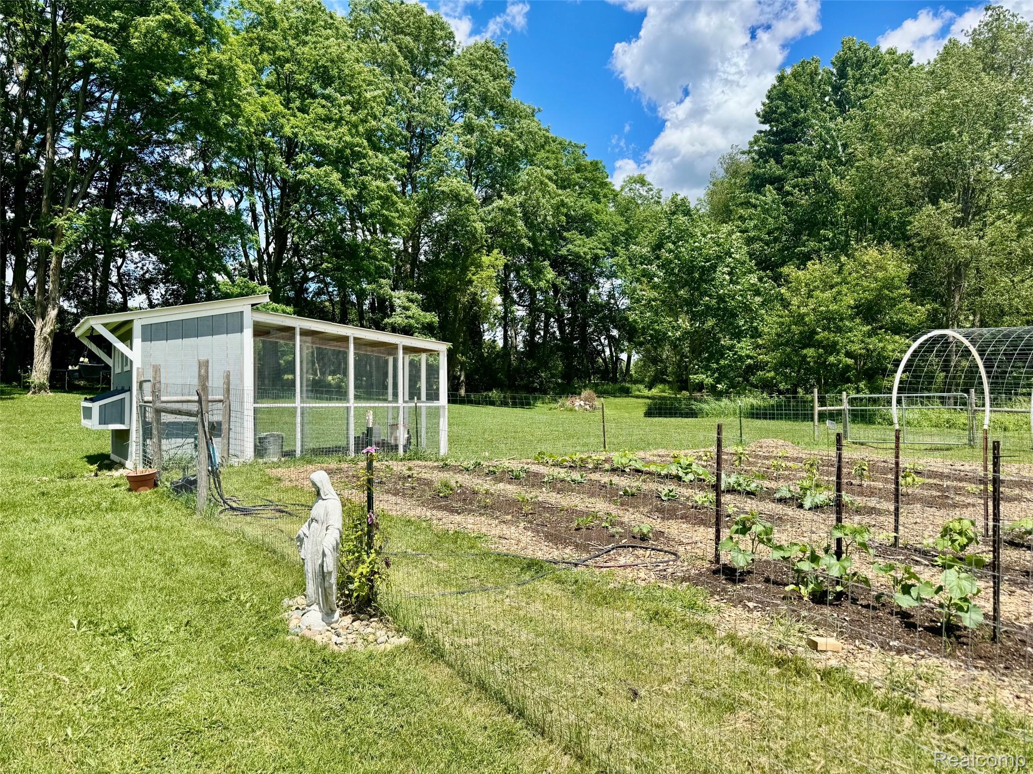5465 South Lake George Road Metamora, MI 48455 - Photo 56 of 61 Expansive backyard featuring a cultivated garden, dedicated chicken coop structure, and mature perimeter trees