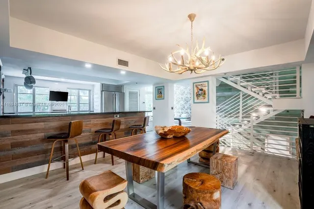 a view of a dining room with furniture