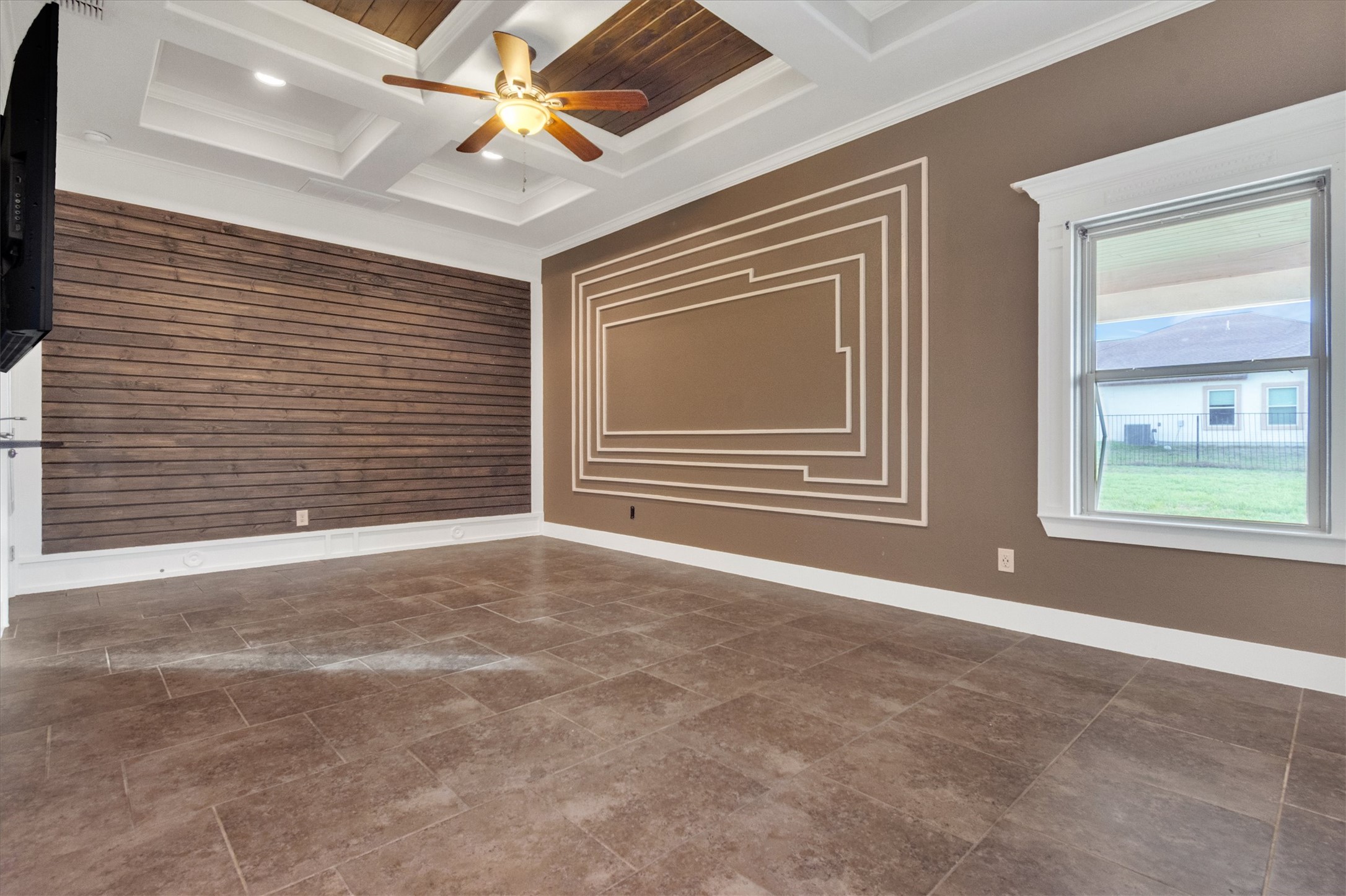 164 Peck Street Kyle, TX 78640 - Photo 10 of 19 Bedroom featuring coffered ceiling, a ceiling fan, and ornamental molding