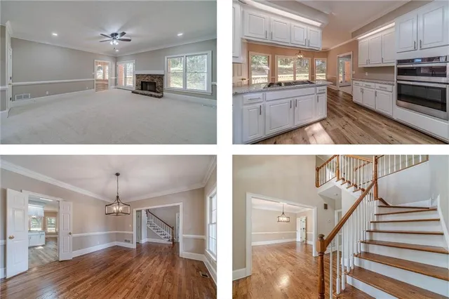 a view of kitchen with cabinets and wooden floor