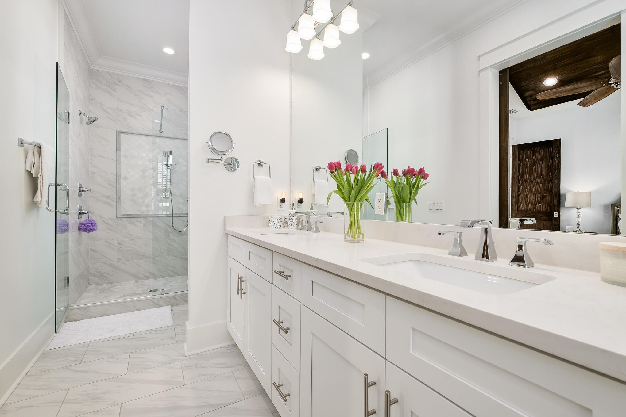 81 Palmeira Way Santa Rosa Beach, FL 32459 - Photo 45 of 74 a bathroom with a granite countertop sink a large mirror and a shower