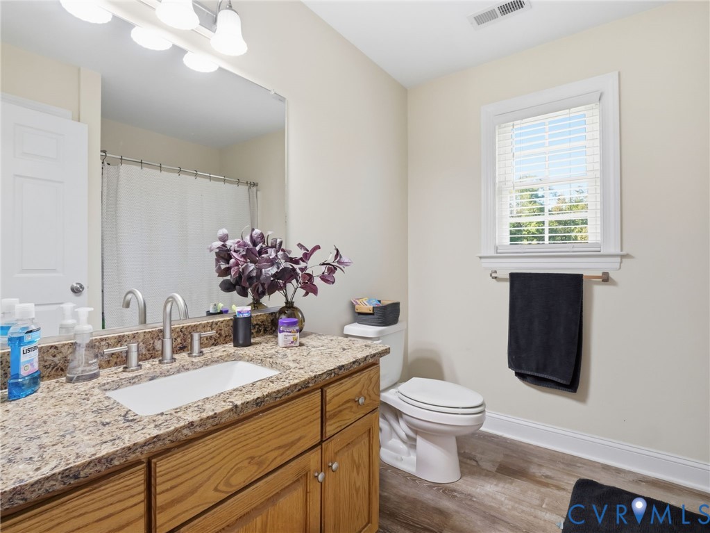 11084 West River Road Aylett, VA 23009 - Photo 31 of 36 a bathroom with a granite countertop sink a toilet and a large mirror