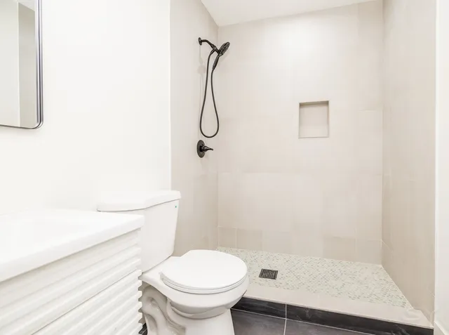 a bathroom with a shower and toilet