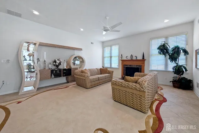 a living room with furniture a fireplace and a potted plant