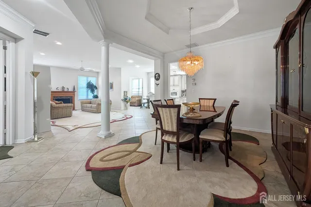 a view of a dining room with furniture
