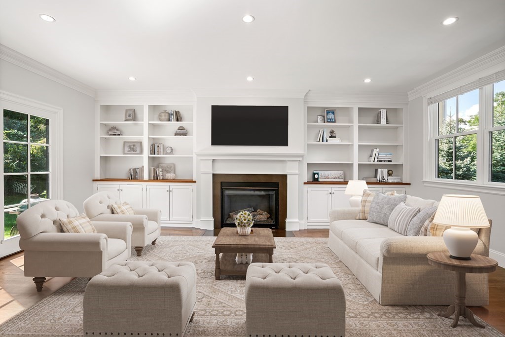 38 Wendell Road Newton, MA 02459 - Photo 5 of 42 a living room with furniture fireplace and a flat screen tv