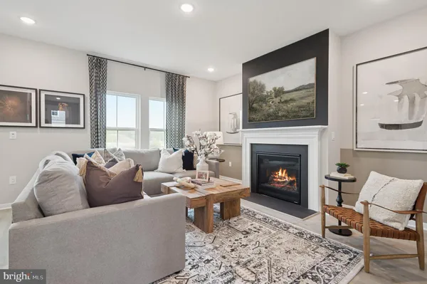 a living room with furniture a rug and a fireplace