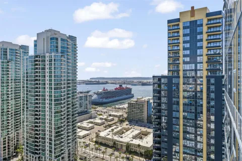 a view of a city with tall buildings