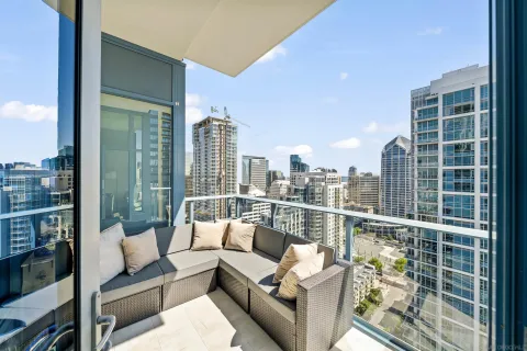 a balcony with city view