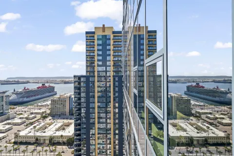 a city view with tall buildings