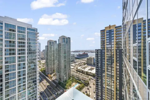 a city view with tall buildings