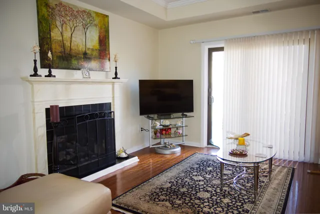 a living room with fireplace furniture and a flat screen tv