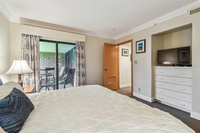 a view of a park with large trees