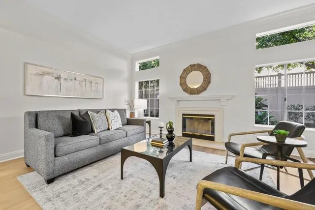 a living room with furniture and a fireplace