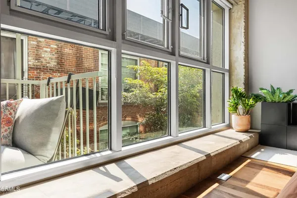 a living room with large window