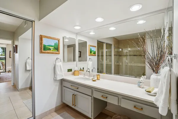 a bathroom with a double vanity sink mirror and shower