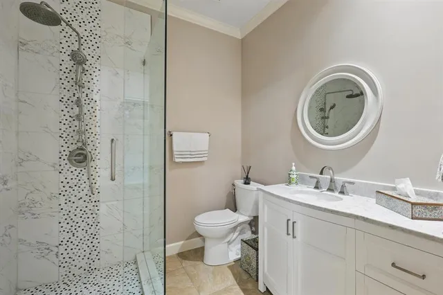 a bathroom with a toilet a sink a shower and a mirror