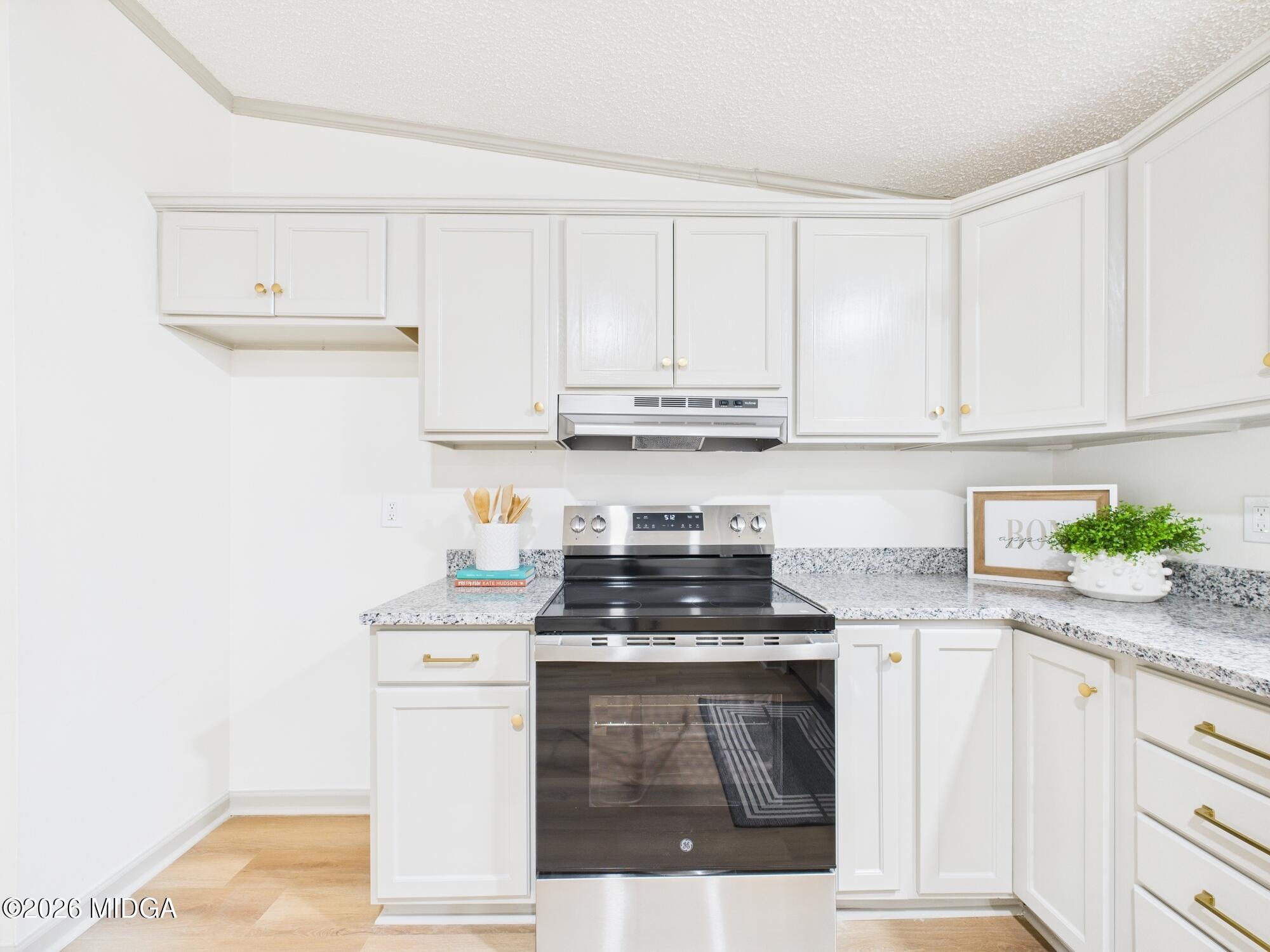 1850 Stallings Road Haddock, GA 31033 - Photo 16 of 44 a kitchen with stainless steel appliances granite countertop a stove a white cabinets and a sink