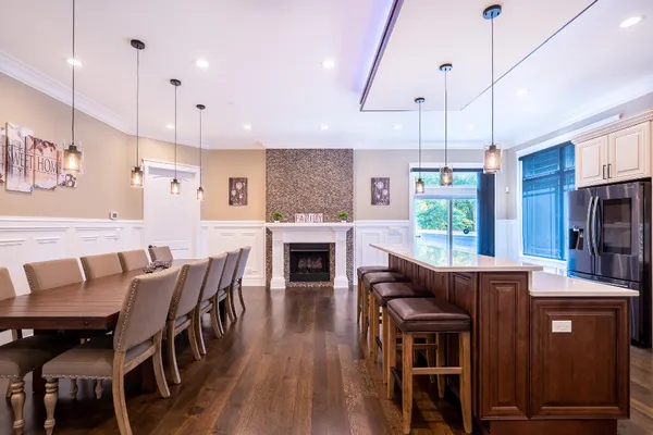 a view of a dining room with furniture