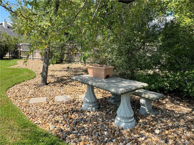 a view of a yard with plants and trees