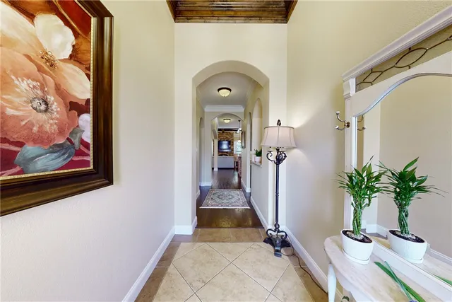 a view of a hallway with wooden floor and a potted plant