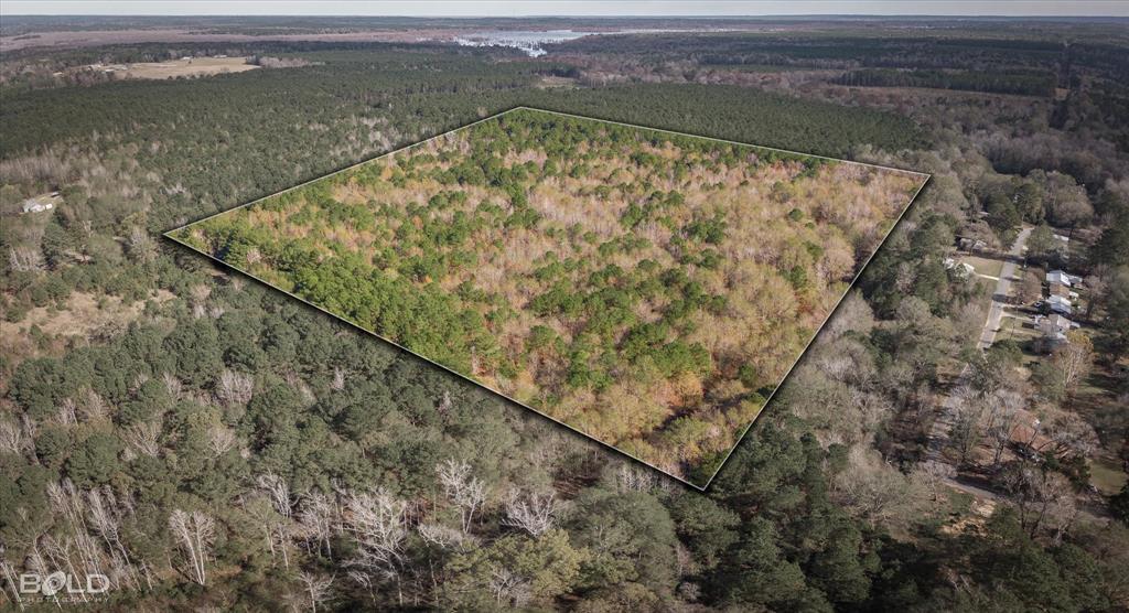 Aerial view of property and surrounding area featuring property boundaries highlighted and a forest