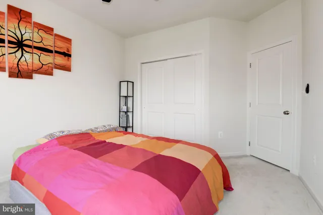 a bedroom with a bed and a closet