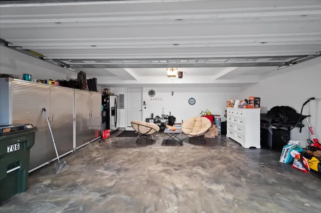 a view of a garage with storage