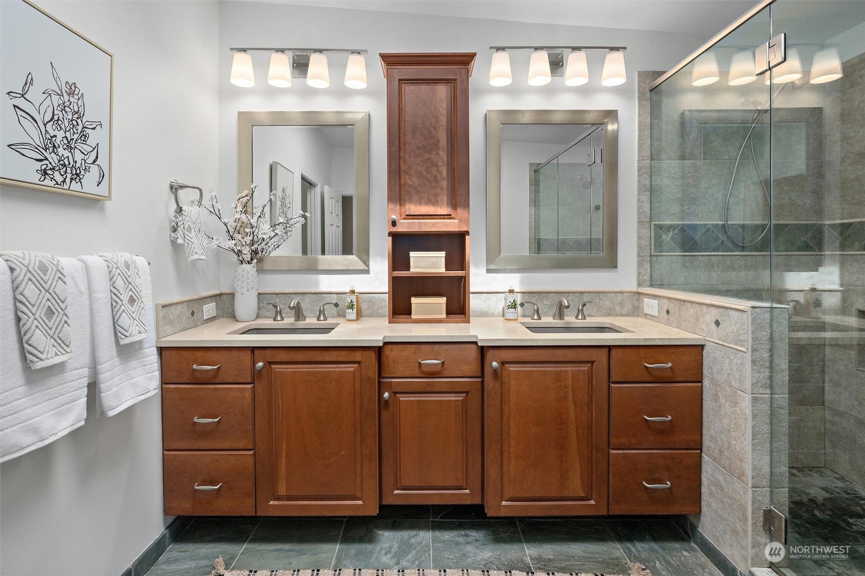 730 Laurel Street Edmonds, WA 98020 - Photo 17 of 36 a bathroom with a double vanity sink and a mirror