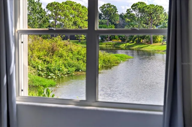 a view of a lake with a yard and a large tree