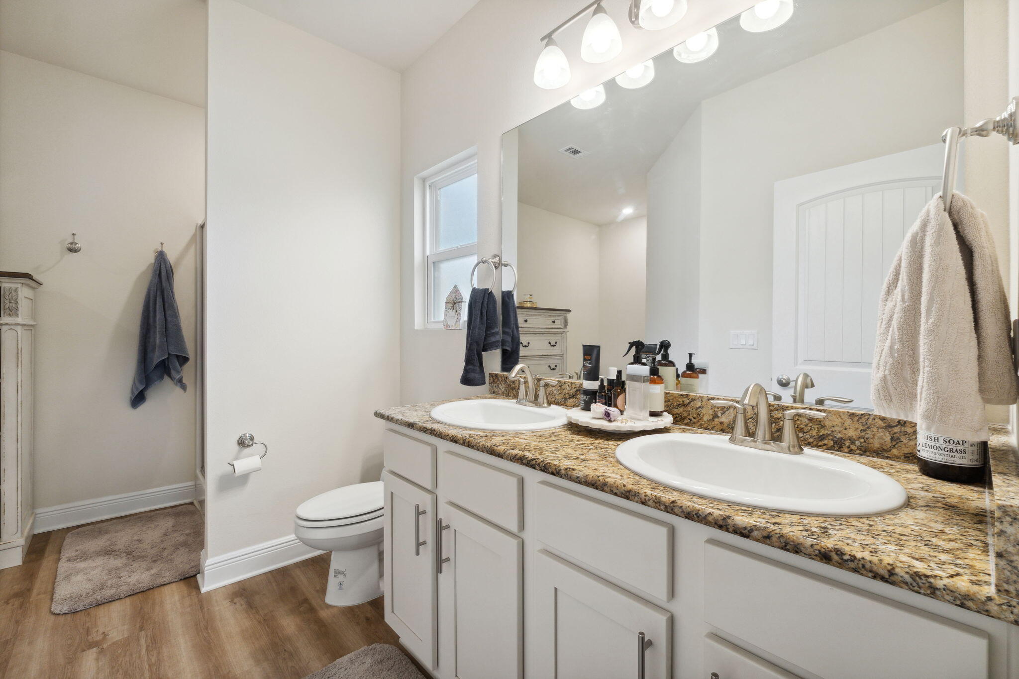 585 Riverwalk Circle Freeport, FL 32439 - Photo 26 of 36 a bathroom with a granite countertop toilet sink and mirror