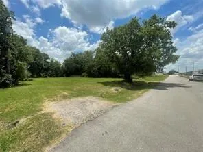 a view of a field with trees in the background