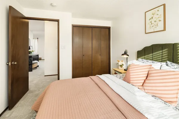 a bedroom with a bed and a walk in closet