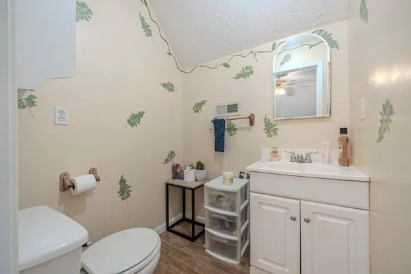 a bathroom with a sink toilet and mirror