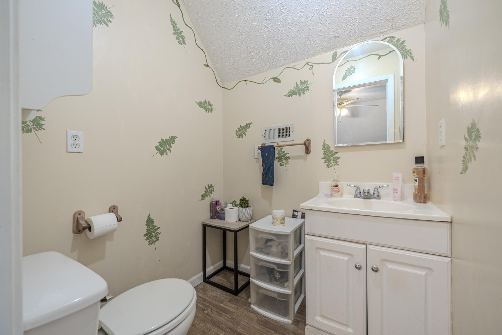 635 Pompeys Branch Road Savannah, TN 38372 - Photo 13 of 26 Half bath with vanity, dark wood-style floors, and a textured ceiling