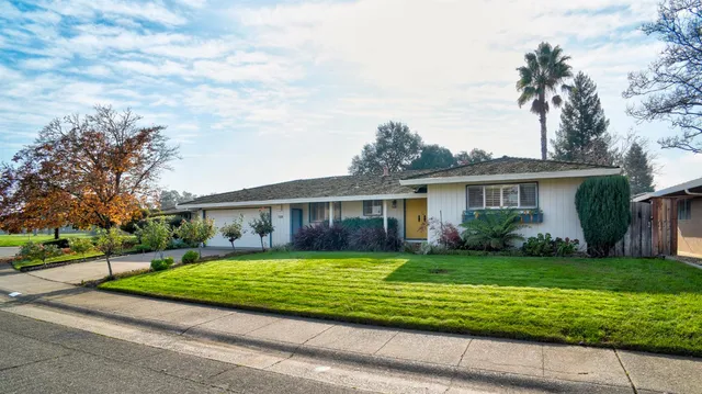 a view of a house with a yard and plants