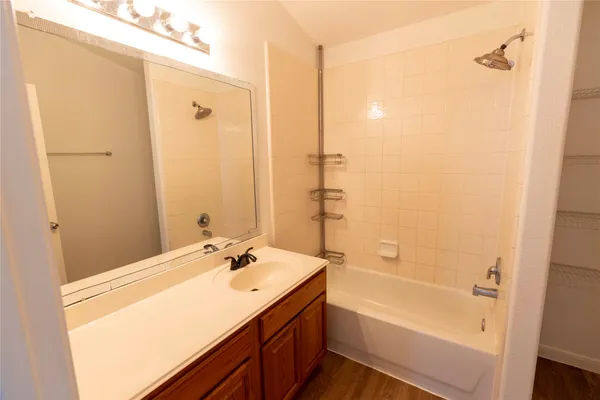 a bathroom with a tub shower sink and vanity