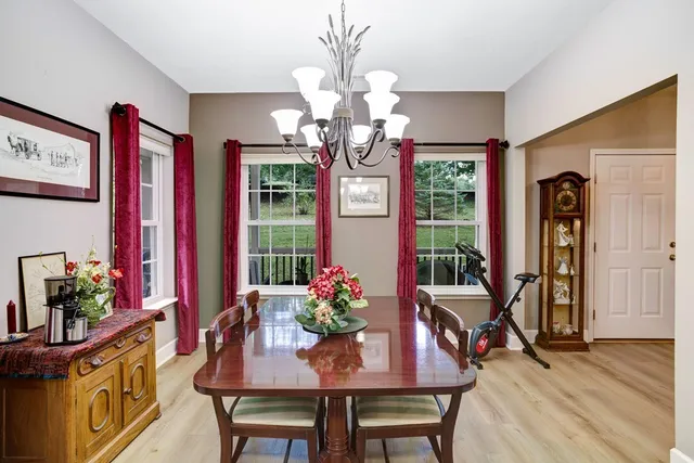 a dining room with furniture potted plants and wooden floor
