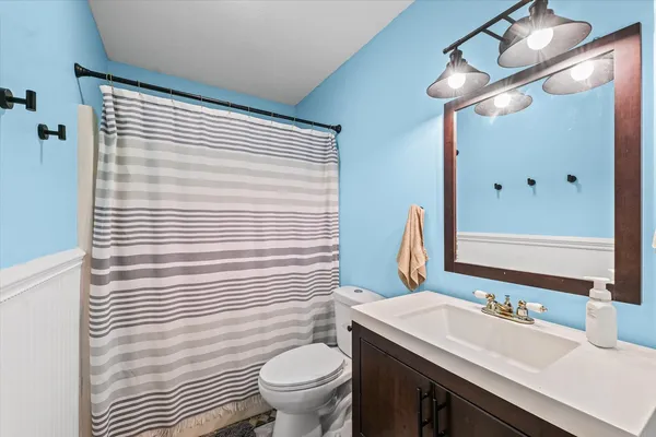 a bathroom with a sink a toilet a mirror and shower curtain