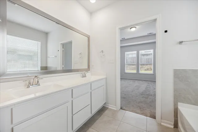 a bathroom with a double vanity sink and a mirror