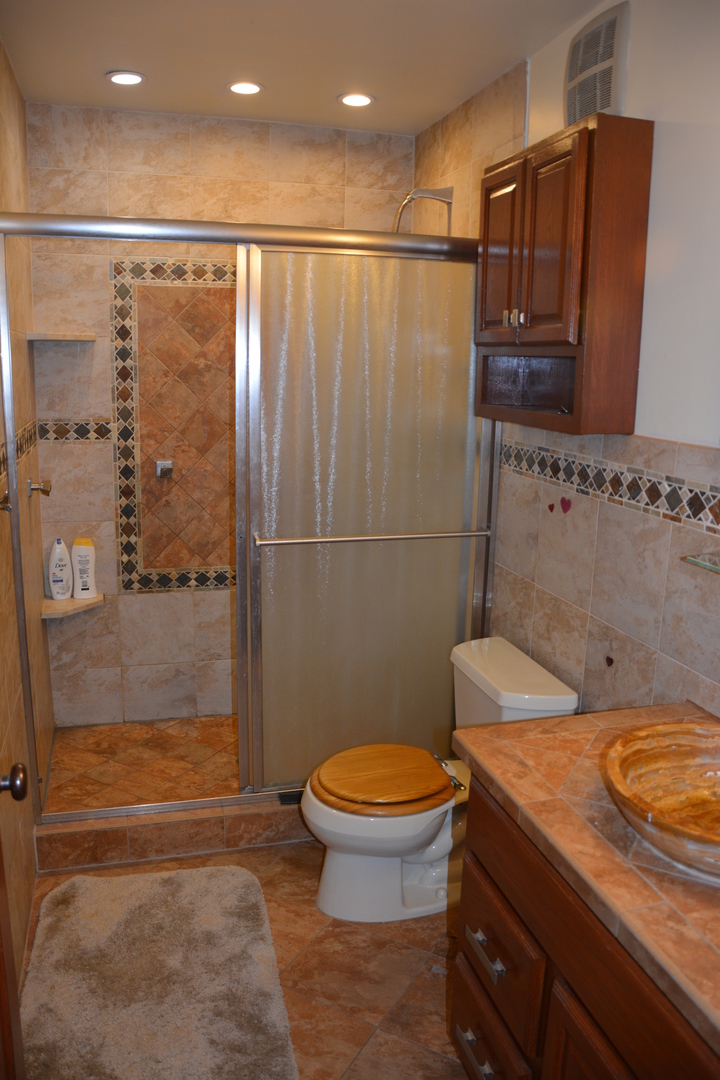 711 Tipperary Court, Unit 2D Schaumburg, IL 60193 - Photo 8 of 17 a bathroom with a granite countertop sink toilet and shower