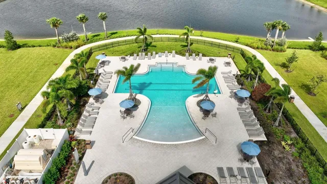 an aerial view of a swimming pool with a yard