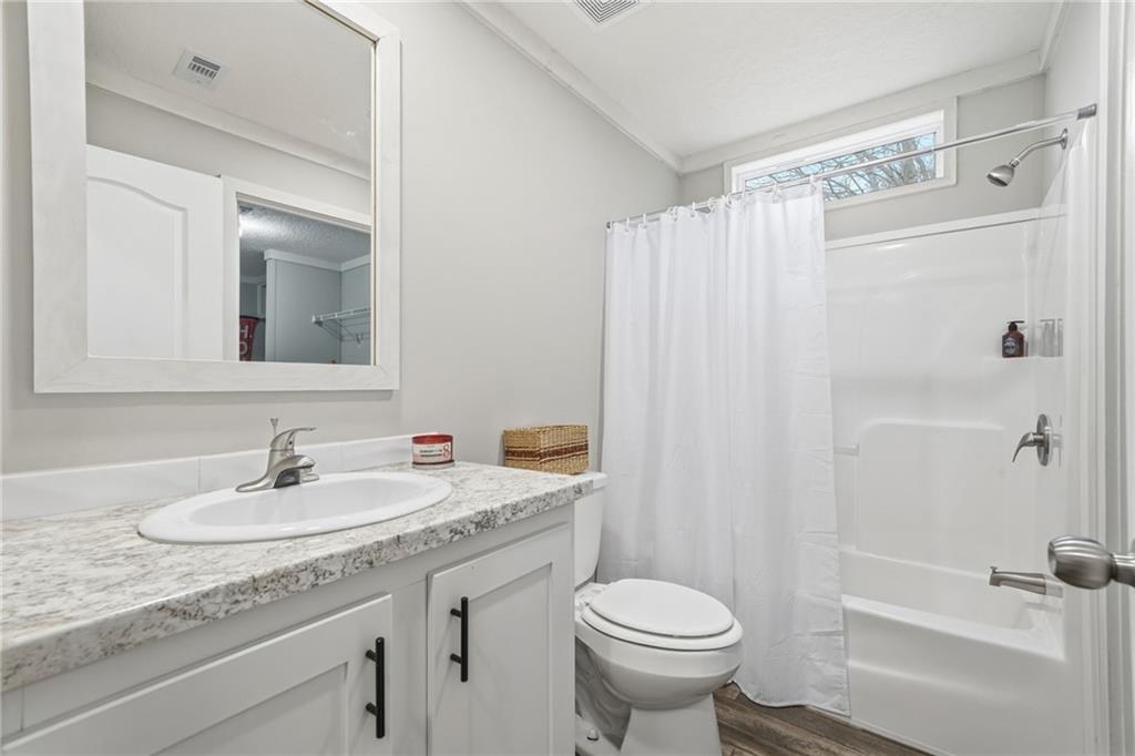 239 Fairview Road Ball Ground, GA 30107 - Photo 36 of 41 a bathroom with a granite countertop sink toilet and shower