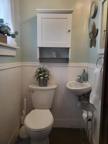 a bathroom with a toilet a sink and mirror