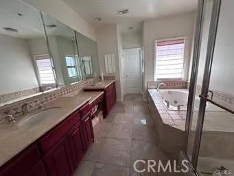a bathroom with a sink a mirror and a shower