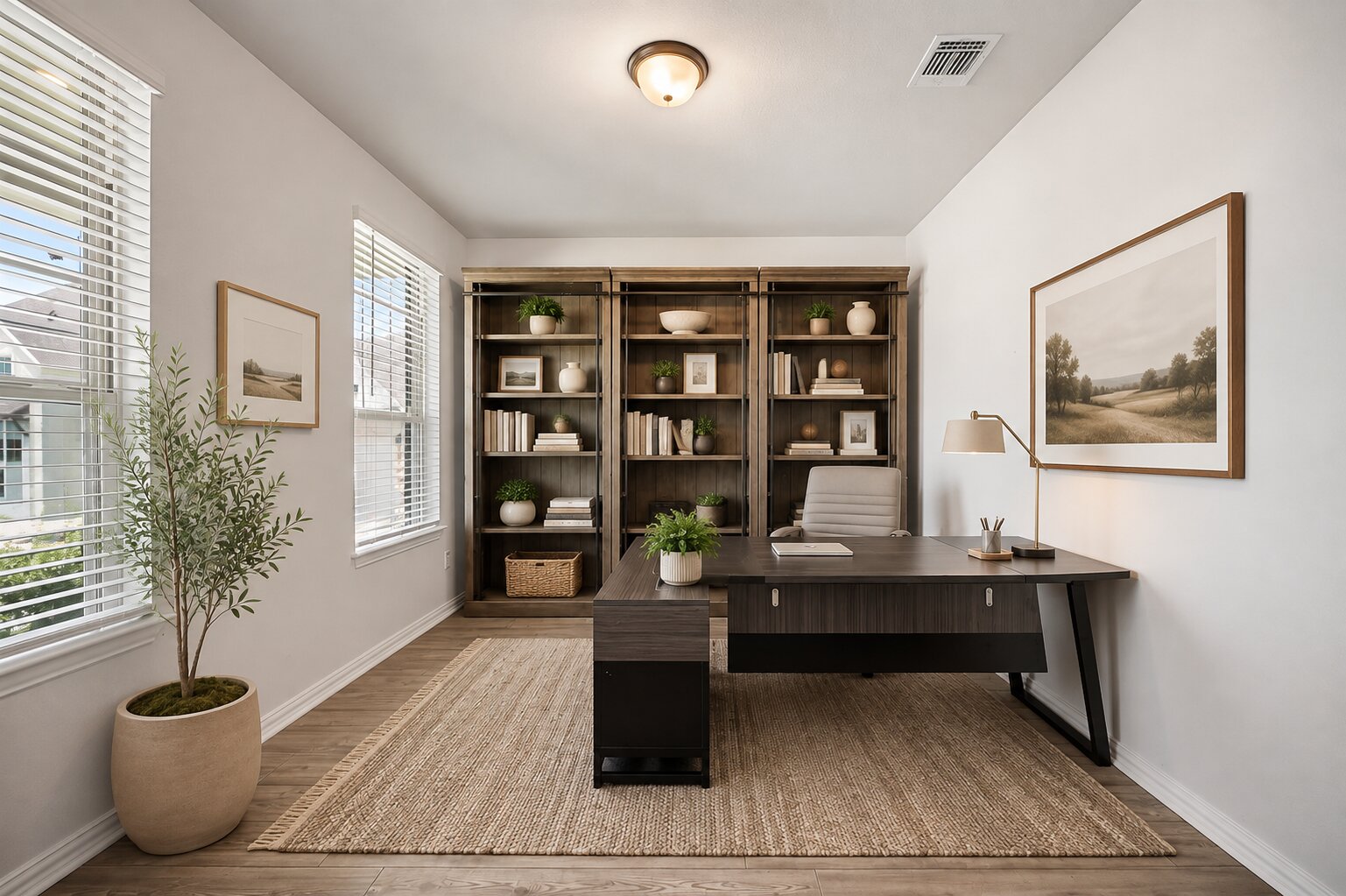 265 Fawn Riv Run Kyle, TX 78640 - Photo 3 of 39 Ample natural light highlights wood-style flooring and built-in shelving in this quiet home workspace.