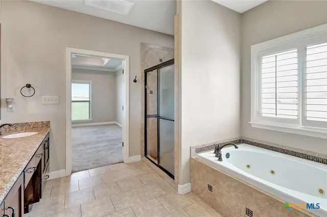 a bathroom with a tub a sink and a window