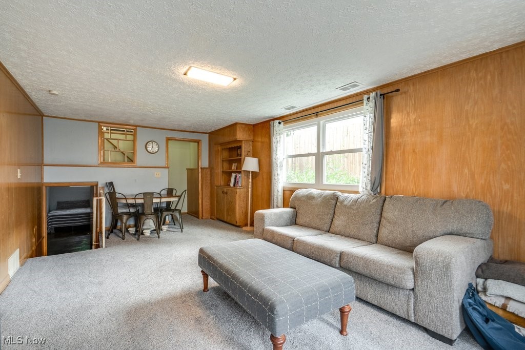 396 Sandhurst Road Akron, OH 44333 - Photo 39 of 50 Carpeted living area featuring wooden walls and a textured ceiling
