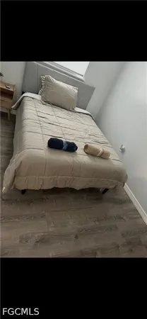 a bedroom with a bed